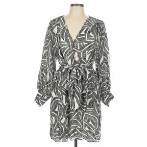H M Black White Banana Leaf Print Long Sleeve Dress Women US L Knee Length